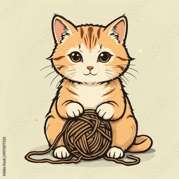 Fototapeta A cute cartoon cat playfully interacting with a ball of yarn, presenting a charming and playful vibe, perfect for pet lovers.