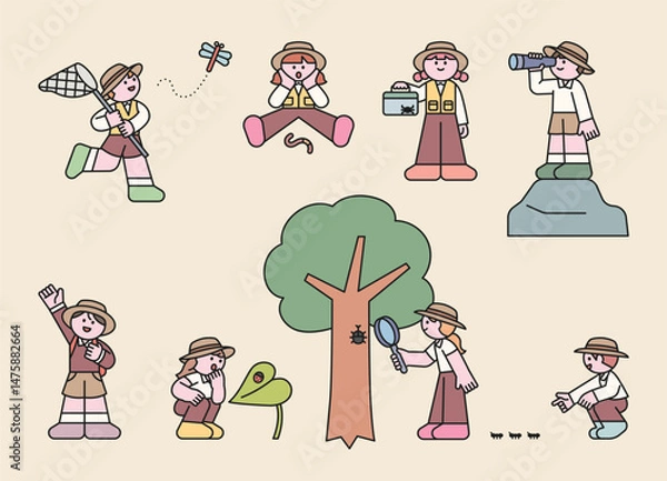 Obraz Cute kids exploring nature and observing insects with nets, magnifying glasses, and binoculars. Perfect for summer camp and outdoor education themes.