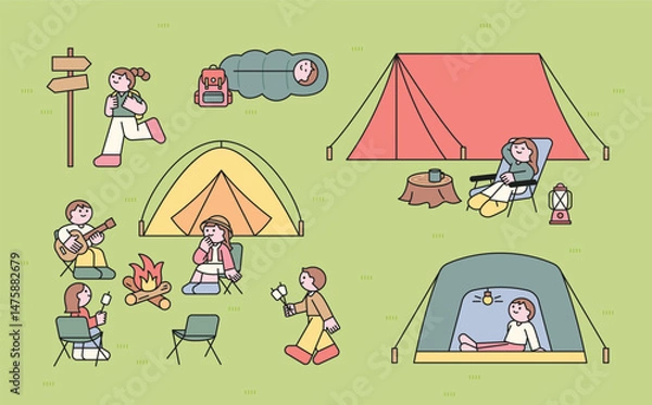 Obraz Cute illustration of kids camping: sitting by a campfire, playing guitar, roasting marshmallows, relaxing in tents, and hiking with backpacks.