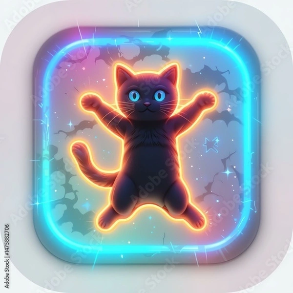 Fototapeta A vibrant neon illustration of a playful cat, radiating a magical aura in a cosmic background, perfect for digital art projects.