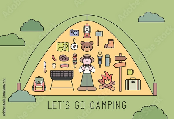 Obraz Cute illustration of camping essentials inside a tent. gear, BBQ, flashlight, compass, map, boots, and a happy little camper. Let’s go camping