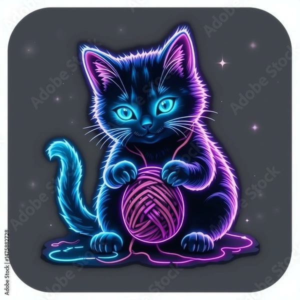 Fototapeta A vibrant neon illustration of a playful cat, immersed in a colorful yarn ball, exudes charm and whimsy in its glowing eyes.