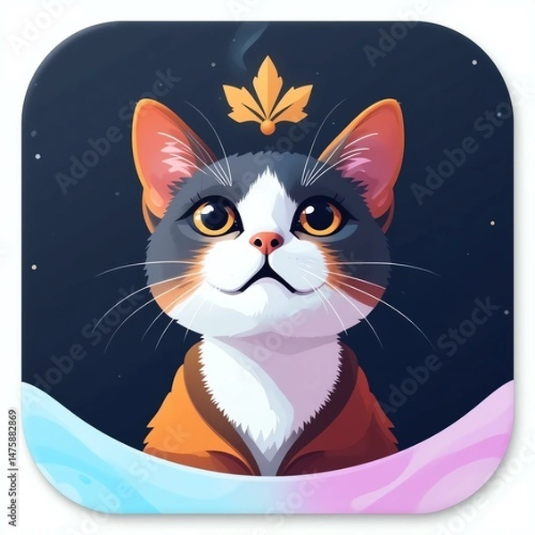 Fototapeta A whimsical digital illustration of a cat with expressive eyes, blending delight and curiosity in a playful, dreamy atmosphere.
