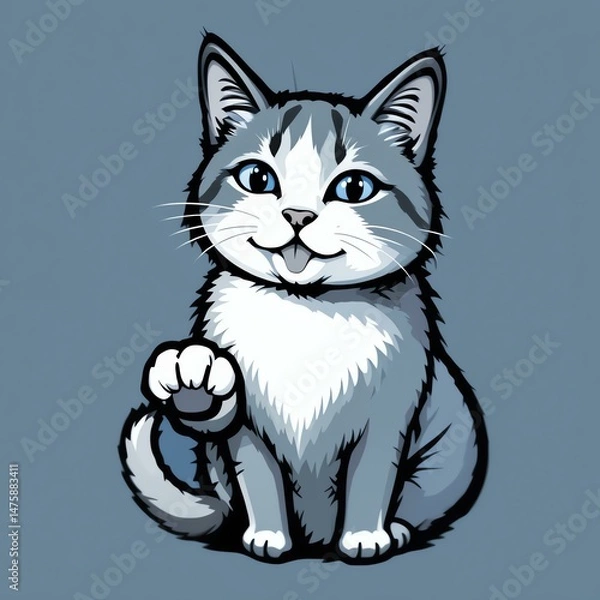 Fototapeta An adorable cartoon cat with blue eyes playfully raising a paw, perfect for pet lovers and playful illustrations.