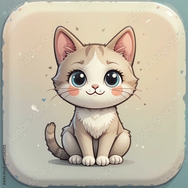Fototapeta Cute cartoon kitten with big eyes, sitting adorably on a pastel background, perfect for pet lovers and children's themes.