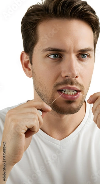 Fototapeta A fair-skinned man with brown hair and stubble is meticulously flossing his teeth with white floss against a plain background.