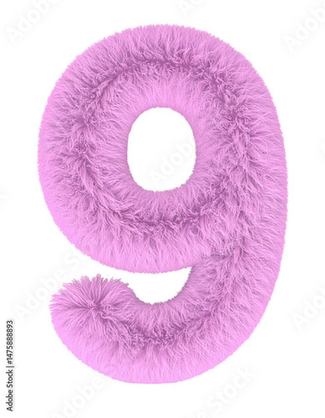 Obraz number  shape with pink fur isolated on white Background 3d rendering png