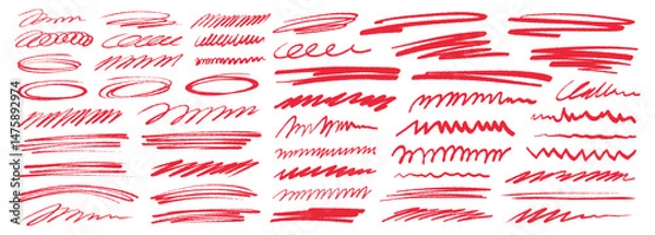 Fototapeta Red grunge strike through and underline elements. Set of hand drawn red pencil lines and strokes. Doodle vector ink brush lines. Crosses and curved strokes.