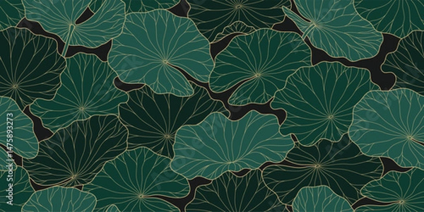 Fototapeta Chinese seamless pattern with green water lilies. Gold line drawing of water lilies for a luxury prints.