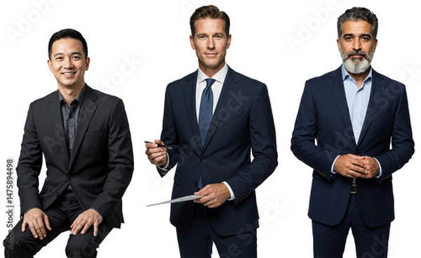Fototapeta Studio portrait of three diverse adult businessmen in suits, including Asian, Caucasian, and Middle Eastern men, standing and seated against a transparent background.