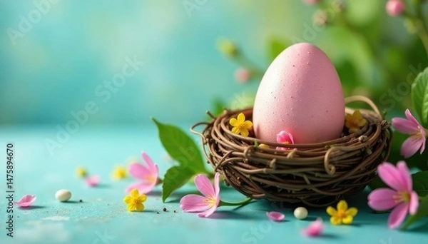 Fototapeta Vibrant Easter egg nestled in a spring-themed nest, ready for display Perfect Easter decoration , handmade, diy, flowers