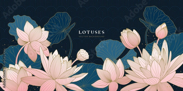 Fototapeta Luxury lotuses poster with water lilies on asian pattern background. Pink flowers of golden vector lines.