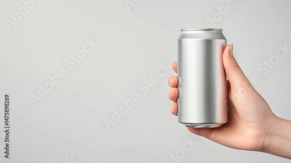 Fototapeta A hand holds a silver aluminum can against a light gray background.  Plenty of copy space