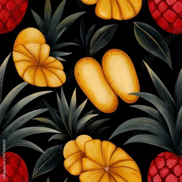 Fototapeta Dark Tropical Fruit Seamless Pattern with Red and Yellow Fruits and Dark Green Leaves