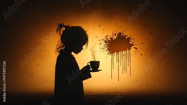 Fototapeta Silhouette of a child enjoying a warm drink, warm, inviting scene