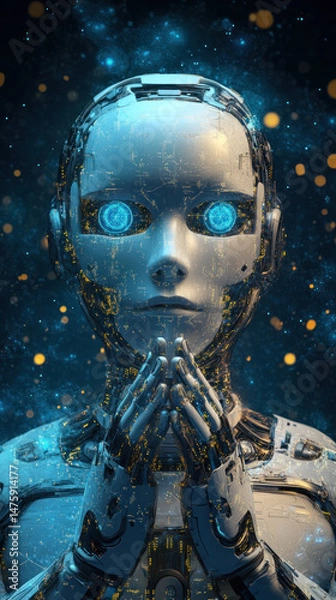Obraz A robot with blue eyes and a white face is shown with its hands clasped together. The robot is surrounded by a blue and yellow background, giving it a futuristic and otherworldly appearance