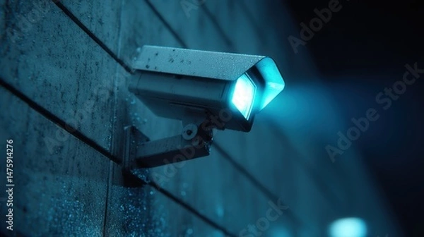 Fototapeta Security camera on wall with blue light glow, close up angle, modern surveillance, safety and protection in urban location