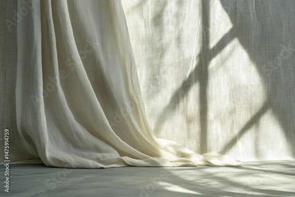 Fototapeta Beige linen curtain cascading with sunlight casting shadows on textured backdrop studio shot