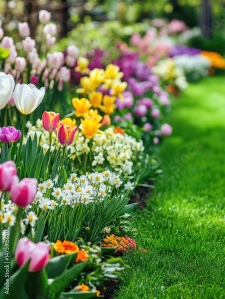 Fototapeta Vibrant flowerbed with tulips and daffodils in full bloom on a sunny day eye level shot in a garden