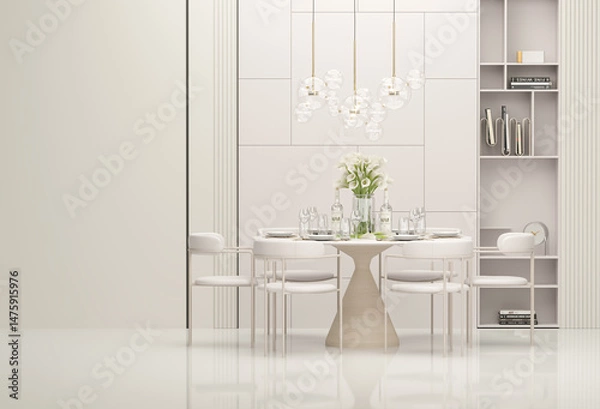 Obraz Minimal circle table and chair design modern style, white beige background .Wall stone beige back pastel decor. Trendy 3d render for social media