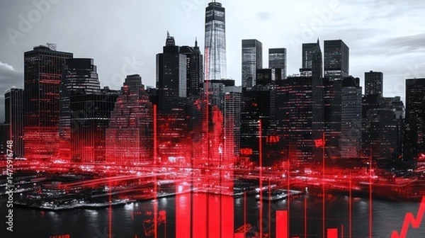Fototapeta Manhattan Skyline: A Red Financial Pulse
