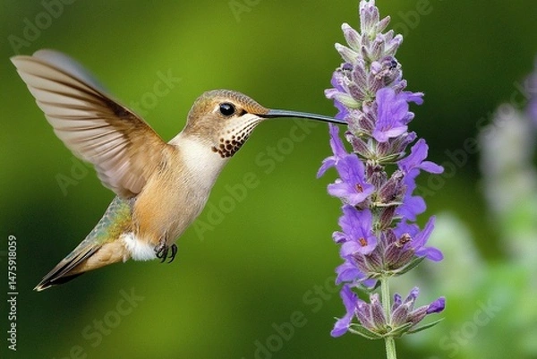 Fototapeta Close-up of a hummingbird hovering near a purple sage flower, with a soft green background and natural lighting. High-resolution photography.generative ai