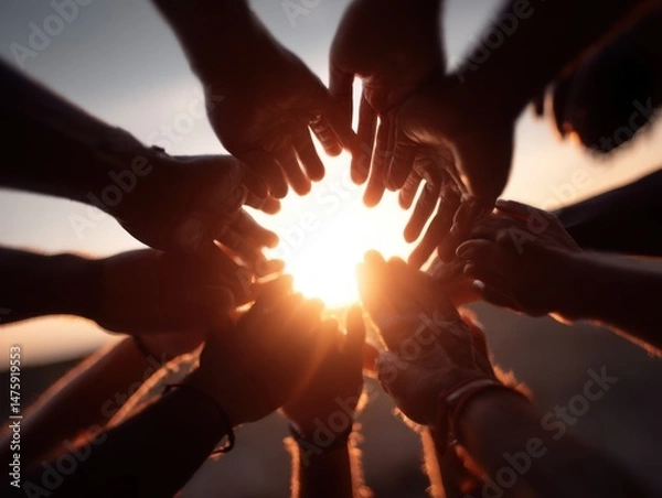 Fototapeta Group of diverse people joining hands in unity and teamwork at sunset golden hour low angle view showing support and collaboration