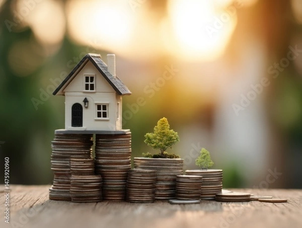 Fototapeta Miniature House on Coin Stacks with Trees Growing from Money Investment Concept Close Up Macro Shot