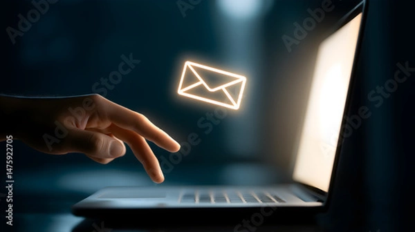 Obraz e mail concept, a human hand emerging from a laptop screen, holding a floating email icon .