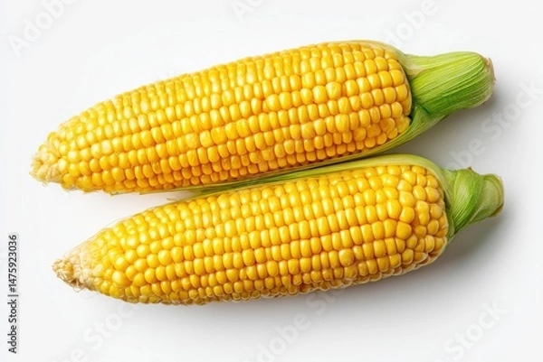 Fototapeta Two ears of fresh corn on the cob close up studio shot overhead view on white background summer harvest food ingredient