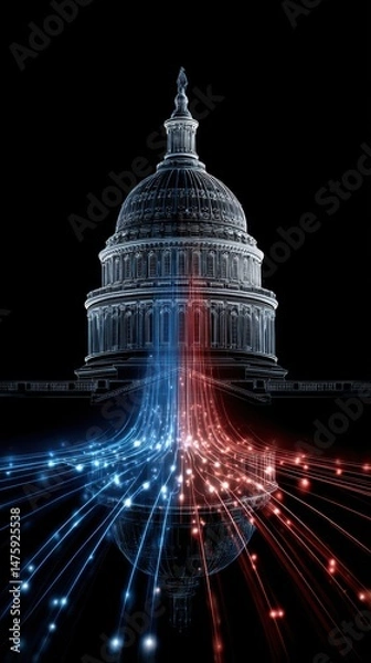 Fototapeta United States Capitol Building with Data Streams in Washington DC Digital Illustration on Black Background