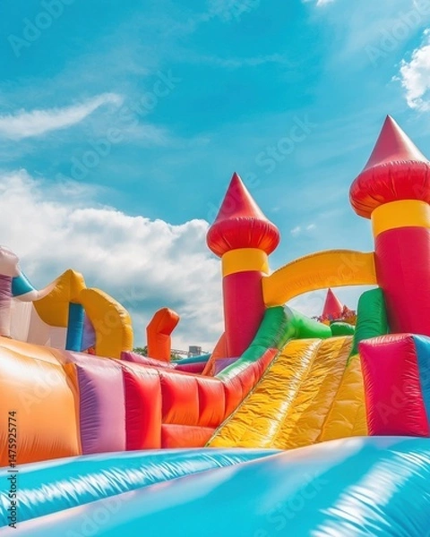 Fototapeta Low angle on inflatable bounce house castle with slide against blue sky and clouds for kids fun