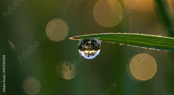 Fototapeta Morning Dewdrop Reflection: A Macro Photography of Nature's Tiny Miracle