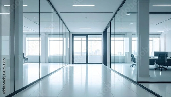Fototapeta A spacious, modern hallway featuring sleek glass walls and doors, allowing natural light to flood the area, enhancing the contemporary aesthetic.