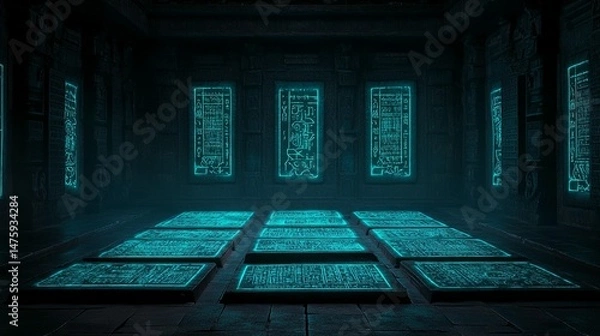 Fototapeta Ancient, mystical chamber lit with glowing glyphs
