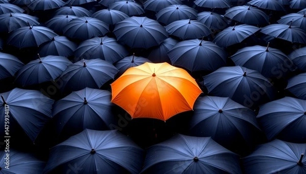 Fototapeta An orange umbrella stand out from all similar black crowd - concept of uniqueness - Be different and stand out from the crowd to be more noticeable than others