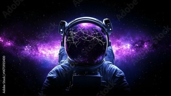 Fototapeta Astronaut in space suit with cracked helmet reflecting nebula