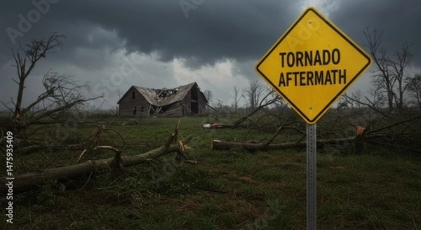 Fototapeta Tornado aftermath scene with damaged house and stormy sky for disaster concept design