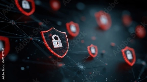 Fototapeta Security Network Shields with Padlocks Protecting Data in Cyberspace Digital Abstract Close Up View
