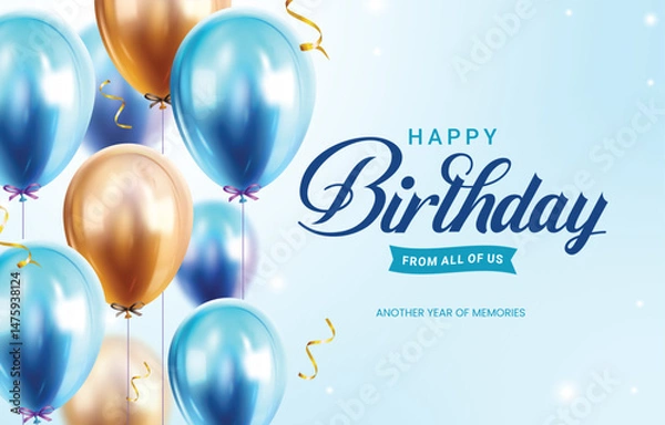 Fototapeta Happy birthday greeting clipart banner design. Birthday greeting text in simple background with blue and gold glossy balloons clip art banner card template vector illustration.
