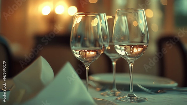 Fototapeta Two wine glasses with white wine on an elegant table; a moment of refined relaxation and simple luxury.