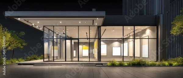 Fototapeta Modern Art Gallery Exterior View at Night with Glass Facade and Illuminated Interior Displaying Blank Canvas Artwork