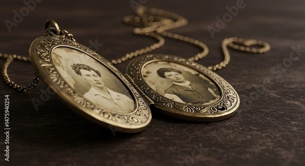 Fototapeta Antique Golden Locket with Vintage Man Portraits on Dark Wooden Table Surface in Soft Lighting Evoking Nostalgia and Cherished Memories Perfect for Decoration