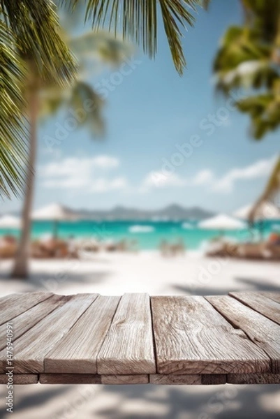 Fototapeta Tropical beach paradise with wooden table foreground showcasing turquoise ocean and palm trees in a dreamy vacation setting