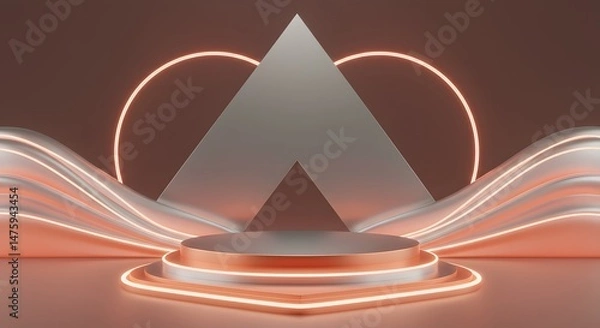 Obraz Abstract Geometric 3D Render Elegant Rose Gold and White Podium with Neon Accents