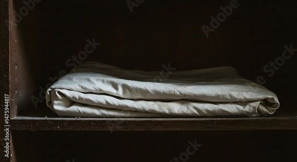 Fototapeta Neatly Folded Light Beige Fabric on a Dark Wooden Shelf