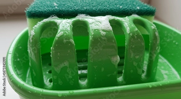 Obraz A Green Sponge and Soap Dish with Bubbles