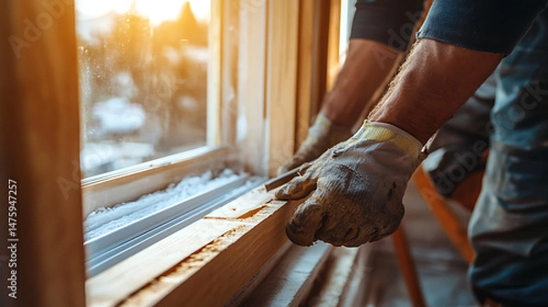 Fototapeta Worker Installing a Window Frame