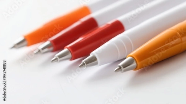 Fototapeta Three pens arranged on a white surface symbolizing a whitespace strategy for planning and creativity in real life