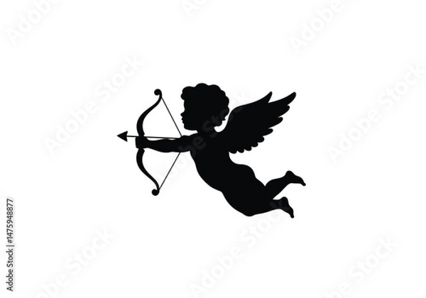 Obraz Cupid silhouette. This image shows a black and white design of Cupid, the winged cherub from mythology, holding a bow and arrow symbolizing love. Vector clipart illustration design.